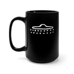 UFO Cave Painting 15 oz Mug. A black mug featuring an image of a UFO with two lines of orb balls underneath it.  The image is from a cave painting dating back thousands of years, depicting what experts believe is an ancient UFO sighting.   Design is printed in white, on both sides of the mug. www.ridethestyle.com