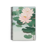 A stylish designed spiral notebook, featuring the beautiful image of Water Lilies, by Ohara Koson, 1920 - 1930). With a pale blue background, featuring pink water lilies and green lily pads on the front cover, and black on the back cover. Perfect for Shopping lists, school/ college/ University notes, personal notes, making notes of ideas, to do lists and general note taking. 118 pages, ruled line paper and durable cover. Width 1.5 cm, Length 15.2 cm, Height 20.3 cm