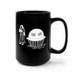 Utsuro-bune mug. A black 15 oz mug featuring an ancient Japanese image of the Utsuro-bune, a round vessel (UFO) that was spotted on a Japanese Coast in 1803, with a very tall beautiful woman next to it. Image is in white, and printed on both sides on the mug.  www.ridethestyle.com