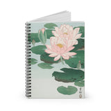 A stylish designed spiral notebook, featuring the beautiful image of Water Lilies, by Ohara Koson, 1920 - 1930). With a pale blue background, featuring pink water lilies and green lily pads on the front cover, and black on the back cover. Perfect for Shopping lists, school/ college/ University notes, personal notes, making notes of ideas, to do lists and general note taking. 118 pages, ruled line paper and durable cover. Width 1.5 cm, Length 15.2 cm, Height 20.3 cm